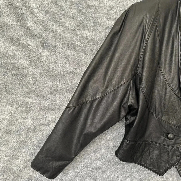 Vintage 80s Leather Ranch Jacket Womens 2 / Small Black Cropped Boxy Glam Rock - Picture 10 of 16